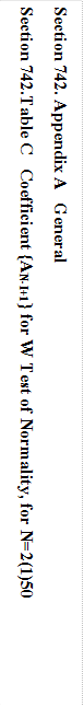 Section 742. Appendix A   General

Section 742.Table C   Coefficient {AN-I+1} for W Test of Normality, for N=2(1)50
